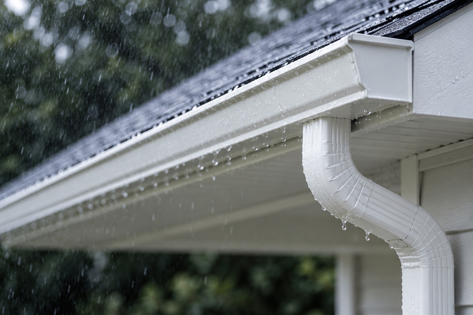 Illustrative study of a white aluminum gutter and downspout in rain